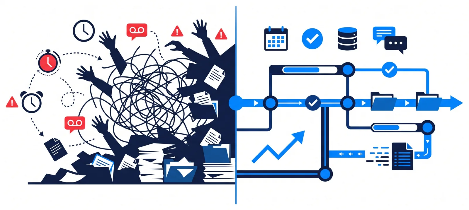 Split image: tangled paperwork and voicemails on the left, a clean automated pipeline on the right